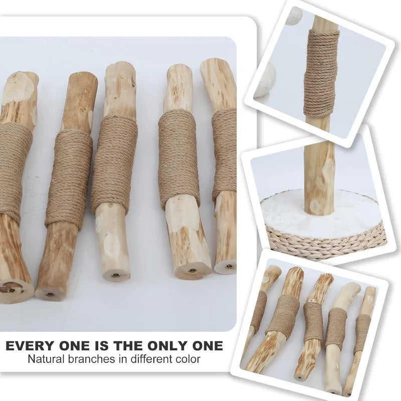 Tree Tower for Indoor Cats, Real Branch Luxury Cat Condo with Scratching Post, Jumping Platforms, Hanging Toy Ball fo