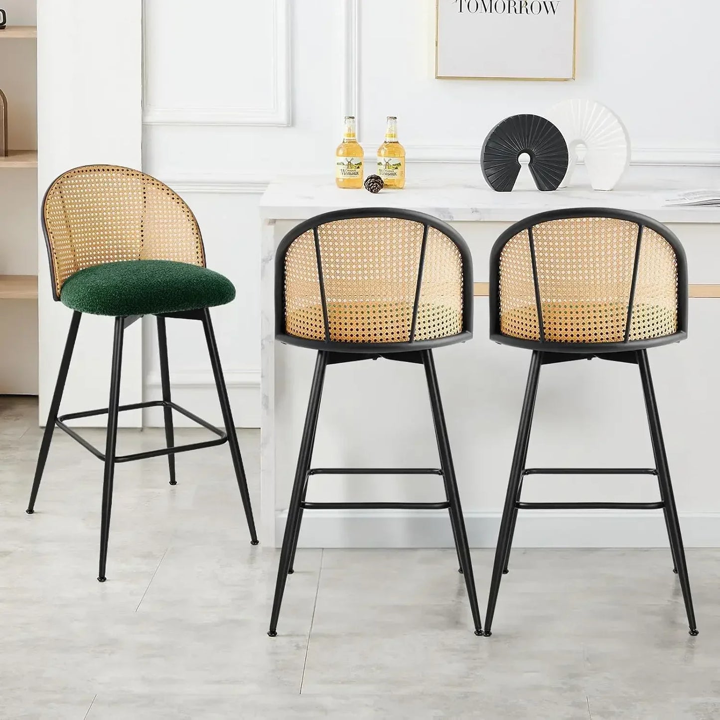 Swivel Bar Stools Set of 2, Mid Century Modern 29"  Chairs with Rattan Back and Metal Legs
