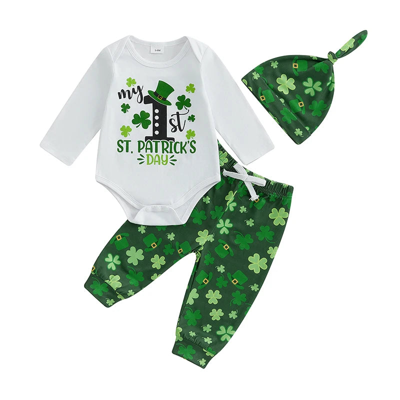 St Patrick s Day Baby Boys Shamrock Print Round Neck Long Sleeve Rompers Long Pants Hat 3Pcs Outfit Set in Ireland Theme