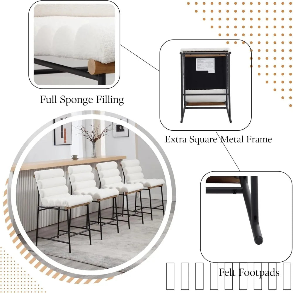 Bar stools Set of 2,25” Modern Upholstered Counter stools with Black Metal Legs, Sherpa Counter Height Chairs for Kitchen Island