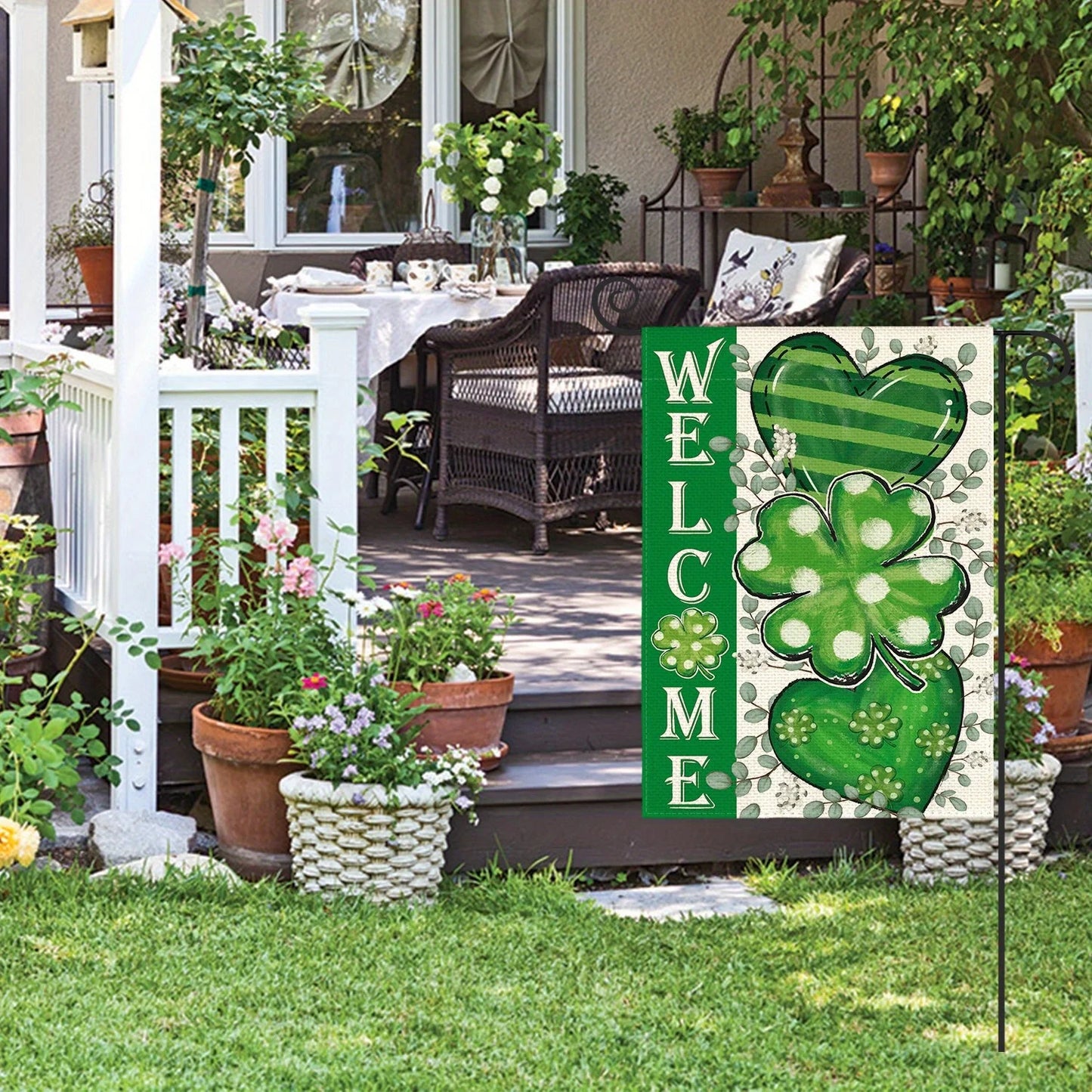 St. Patrick's Day Welcome Garden Flag - 12x18 Inch, Dual-Sided Durable Polyester, Heart & Clover Design for Outdoor Patio Decor,