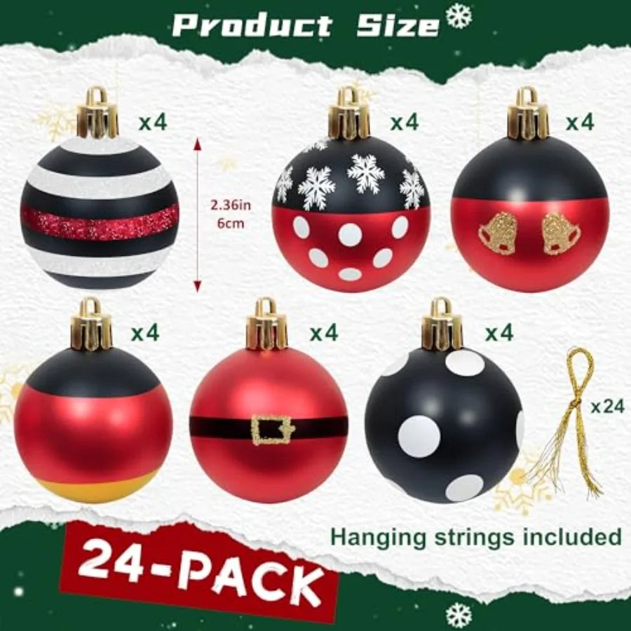 24 Pcs Christmas Ball Ornaments Set 2.36 Mouse Red Black Christmas Tree Decorations Plastic Shatterproof Hanging Baubles for Ho
