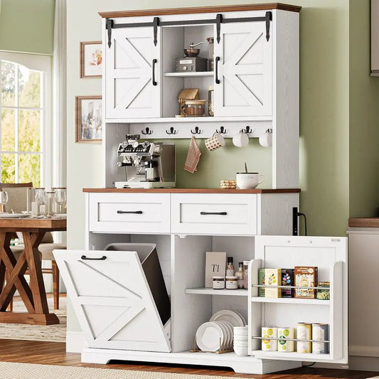 IRONCK 72" Kitchen Pantry Storage Cabinet, Farmhouse Kitchen Hutch with Microwave Stand & Charging Station, Trash Can Cabinet