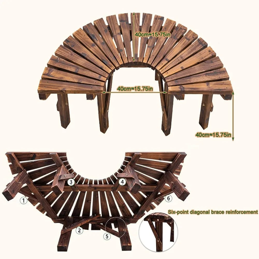 Wrap Around Tree Bench, Outdoor Curved Wooden Seat Semicircular Backrest Design for Gardens Patios Backyards Lawn