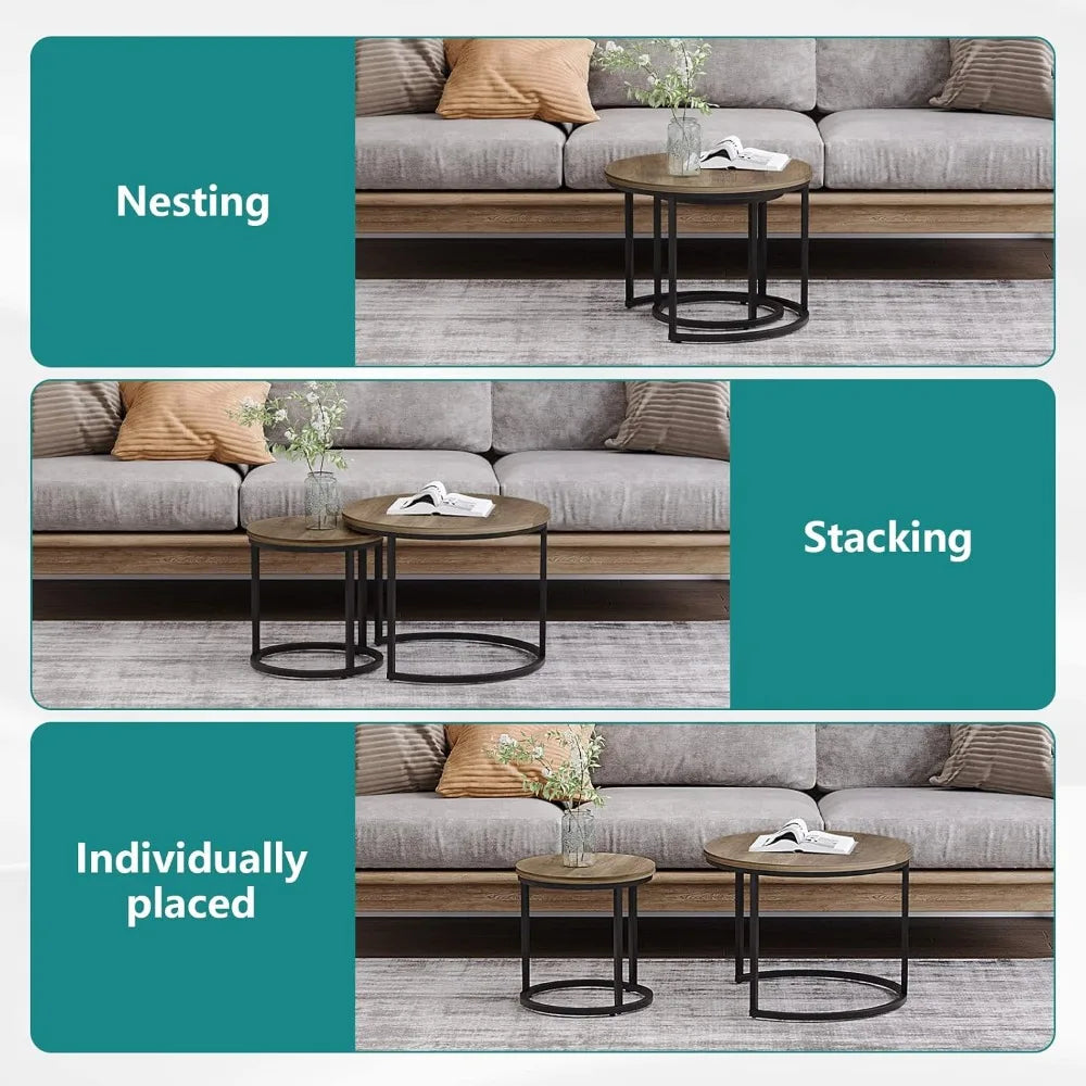Nesting Coffee Table Set of 2, 23.6" Round Coffee Table Wood Grain Top with Adjustable Non-Slip Feet, Industrial End Table Side