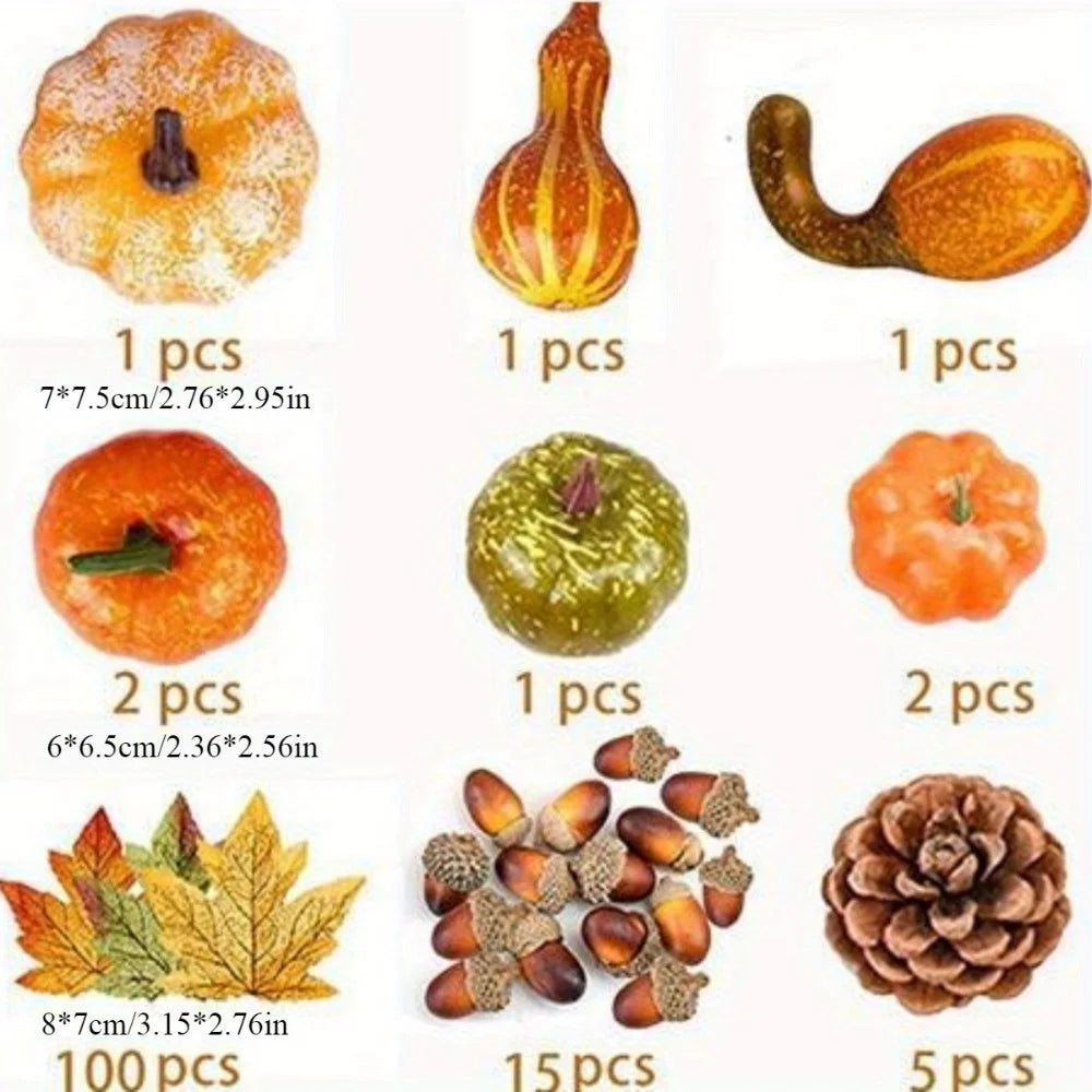 128 Pcs Thanksgiving Artificial Pumpkins Decorations Set with Maple Leaf, Foam Pumpkin, Small Acorns, Pine Cones and