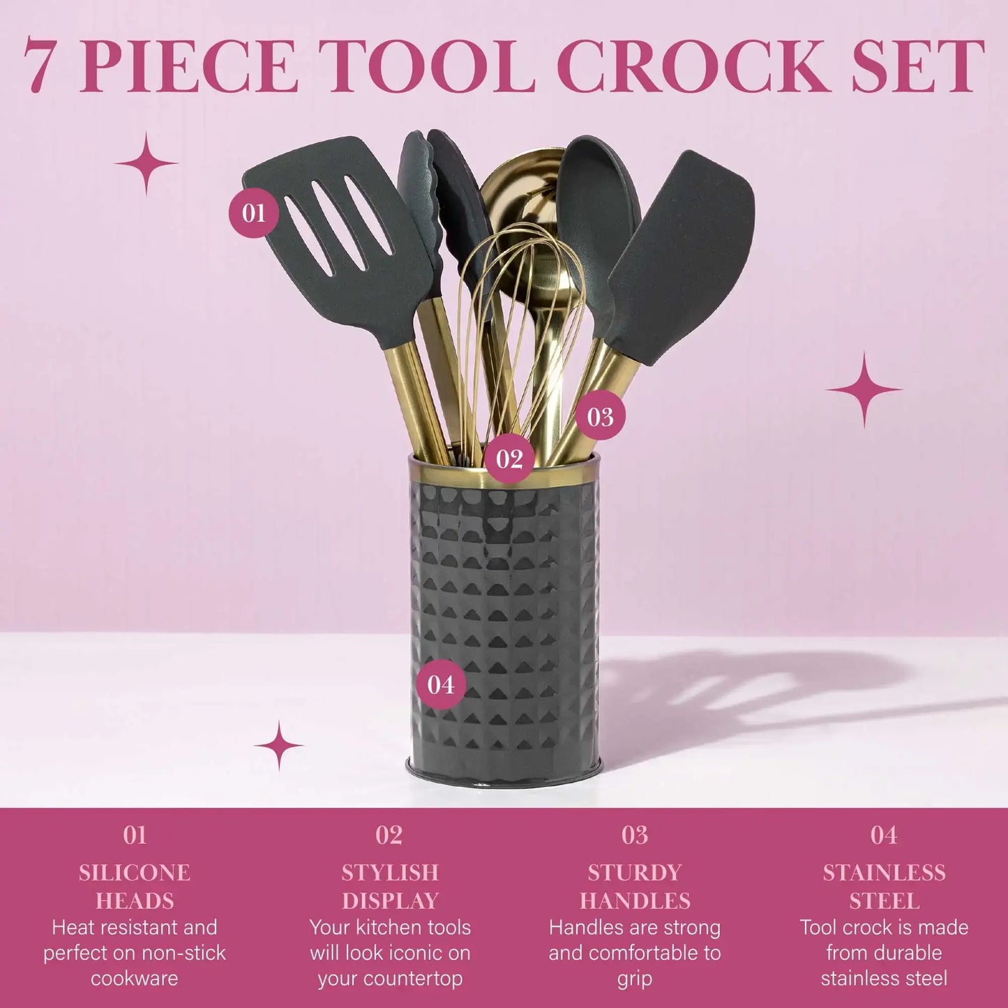 7-Piece Gray Cooking Utensil Set, Stainless Steel with Silicone Head, Non-Scratch Kitchen Tools for Non-Stick Cookware