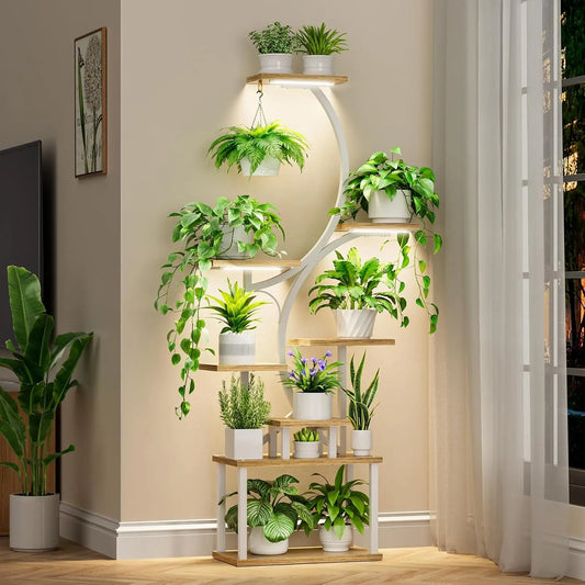8-Tiered Plant Stand With Grow Lights - 62" Tall Indoor Shelf for Multiple Plants, Metal S-Shaped Flower Holder Rack for Home