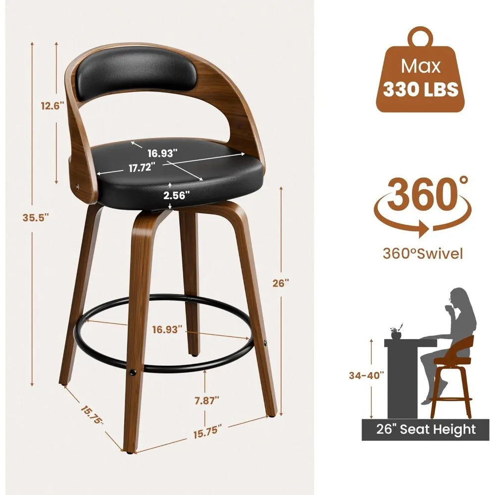 Bar Stools Set of 4, 26" Counter Height Bar Stools with Bentwood Legs, Mid Century Modern Faux Leather Upholstered Barstool