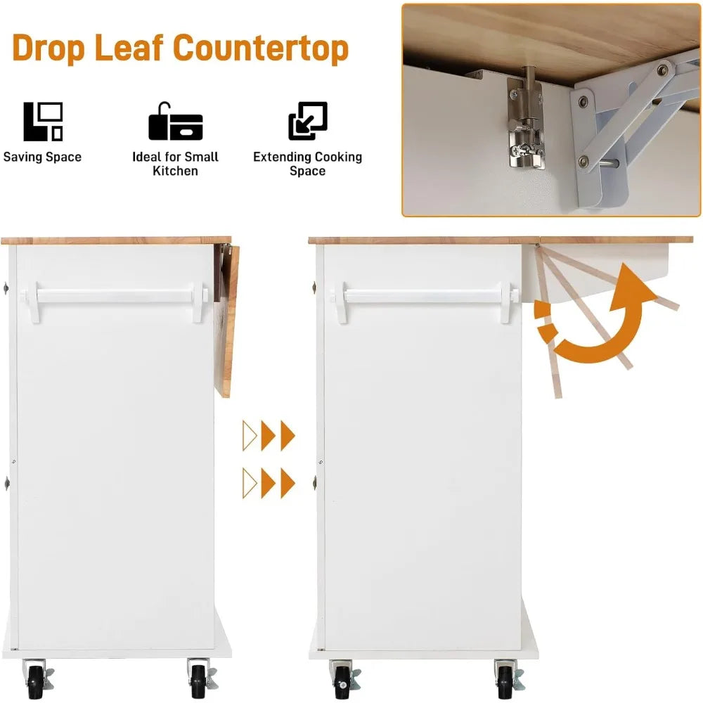 59" Kitchen Cart with Wood Top and Drop Leaf Breakfast Bar, Rolling Mobile Kitchen Island Table on Wheels with Drawer and Storag