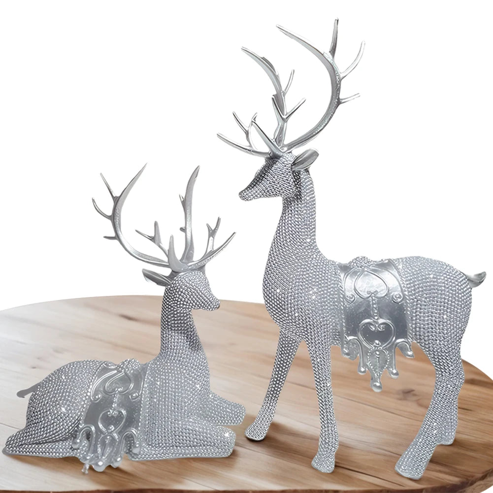 2pcs Beaded Deer Figurines Resin Christmas Reindeer Statue Set Christmas Reindeer Figurines for Christmas Holiday Decor