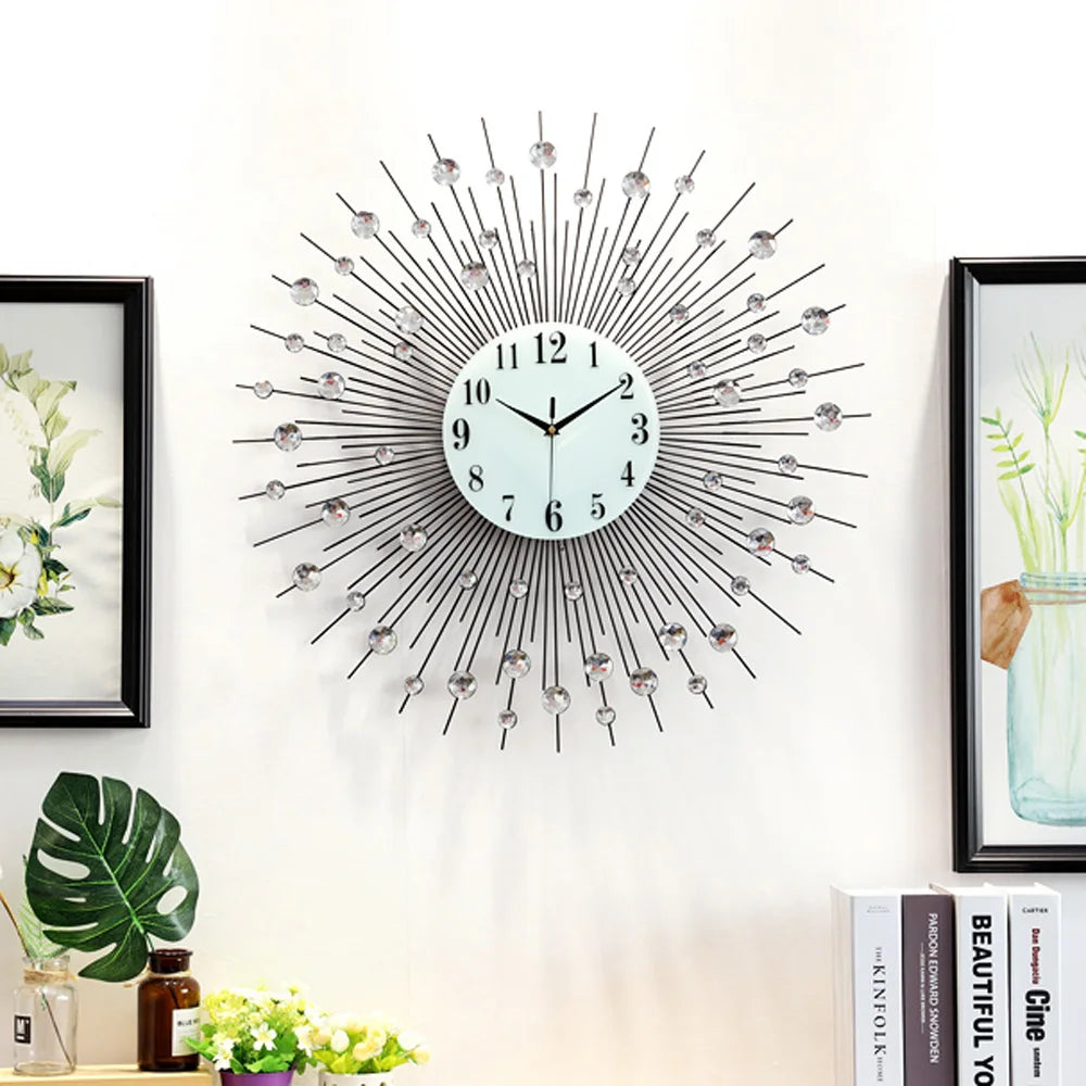 Stylish Wall Clock with Acrylic Diamonds, Vintage Metal Crystal Sunburst Wall Clock Luxury Diamond Modern Wall Clock 60cm
