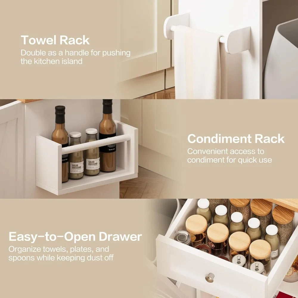 Rolling Kitchen Island with Trash Can Storage, 48” Kitchen Island Cart with Drop Leaf Countertop, Island Table with Drawer & She