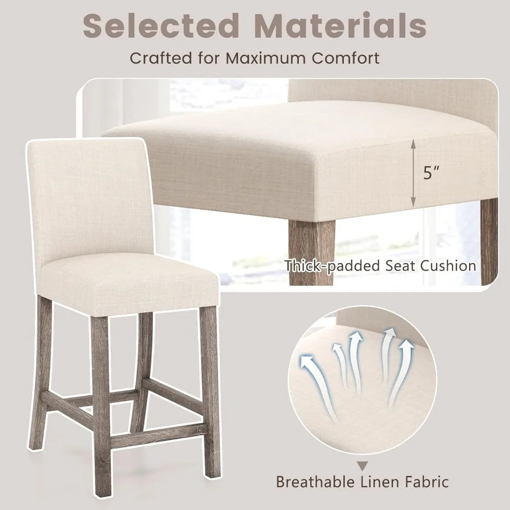 Bar Stools Counter Height Set of 2, 24.5" Modern Fabric Bar Chairs with Back, Footrest & Solid Wood Legs, Upholstered