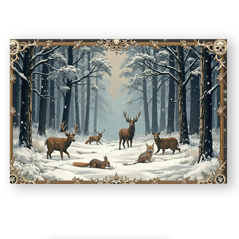 1pc Wall Tapestry "Enchanted Winter Forest Tapestry with Deer and Fox in Snowy Scene"