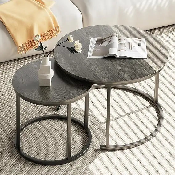 Nesting Coffee Table, 23.6" Round Coffee Table Set of 2, Wooden Nesting Table Set with Metal Frame, Side Tables for Living Room