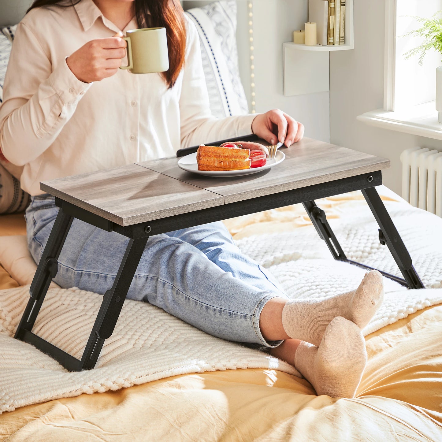 SONGMICS Laptop Desk for Bed or Sofa with Tilting Top, Breakfast Serving Tray with Folding Legs, Fits up to 15.6 Inches Screen