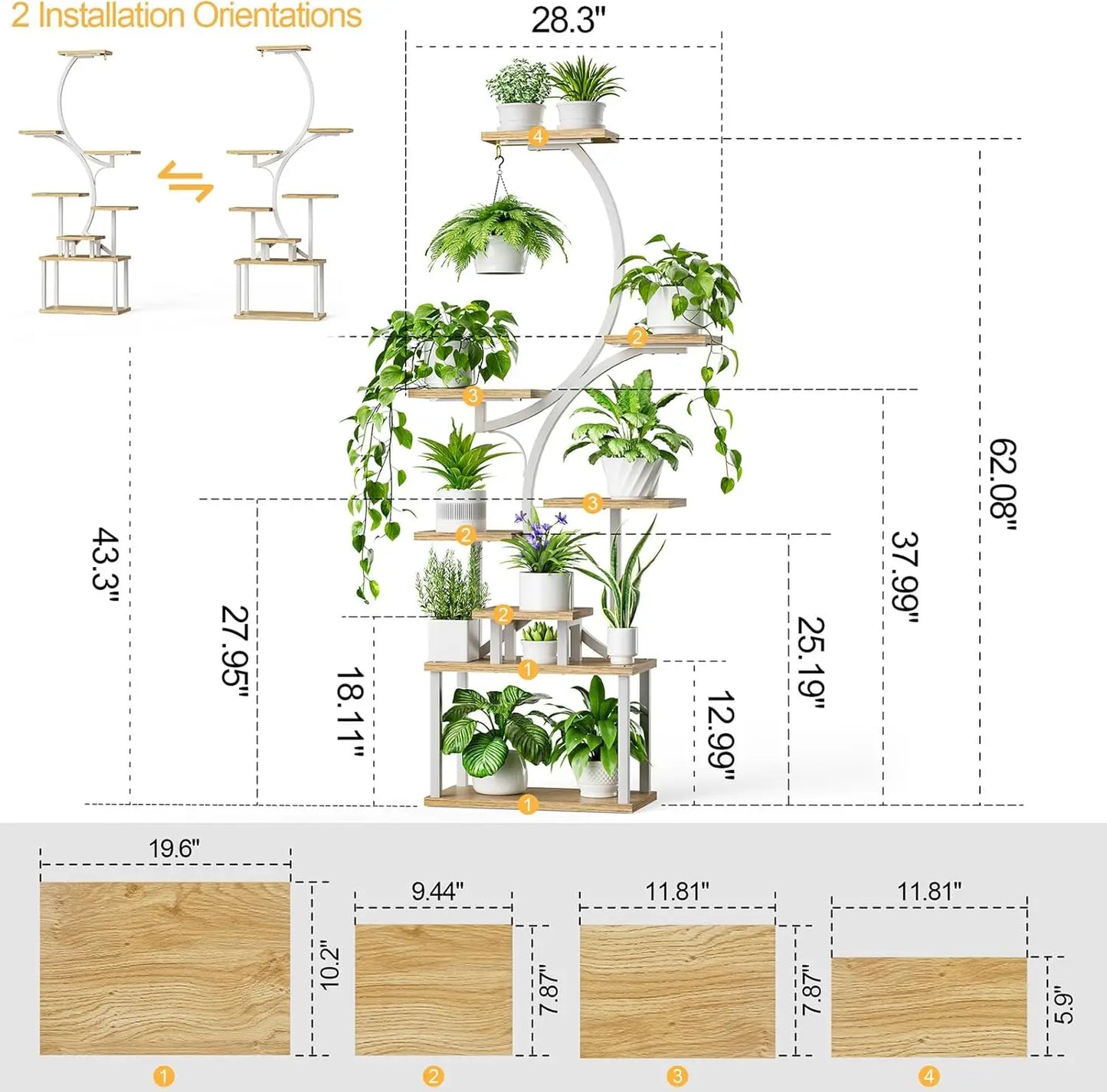 8-Tiered Plant Stand With Grow Lights - 62" Tall Indoor Shelf for Multiple Plants, Metal S-Shaped Flower Holder Rack for Home