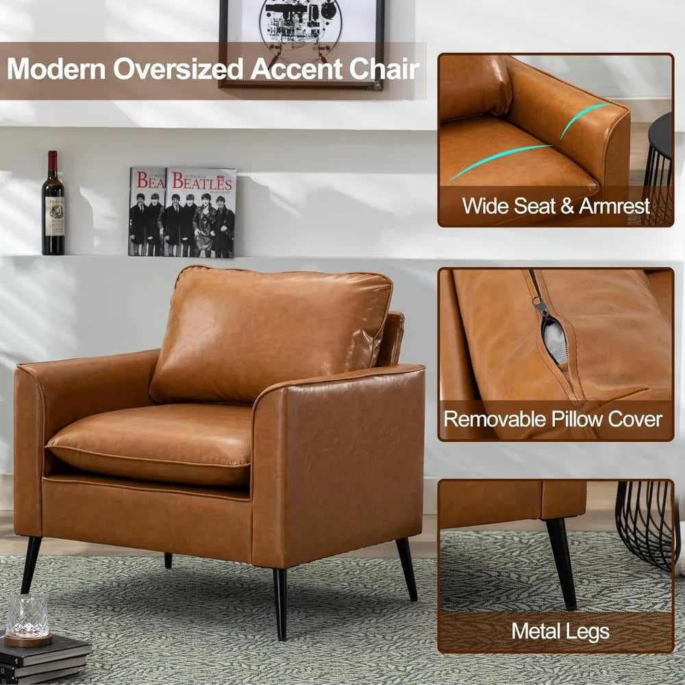 Set of 2 Modern Leather Chairs: Oversized Armchairs for Living Room - Cozy Mid-Century Accent Seating