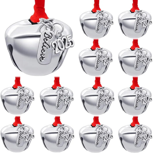 2025 Believe Christmas Bells 12 Pieces Santa Claus Sleigh Bells for Christmas Eve Decorations Silver 1.4inch/35mm Festive Tree