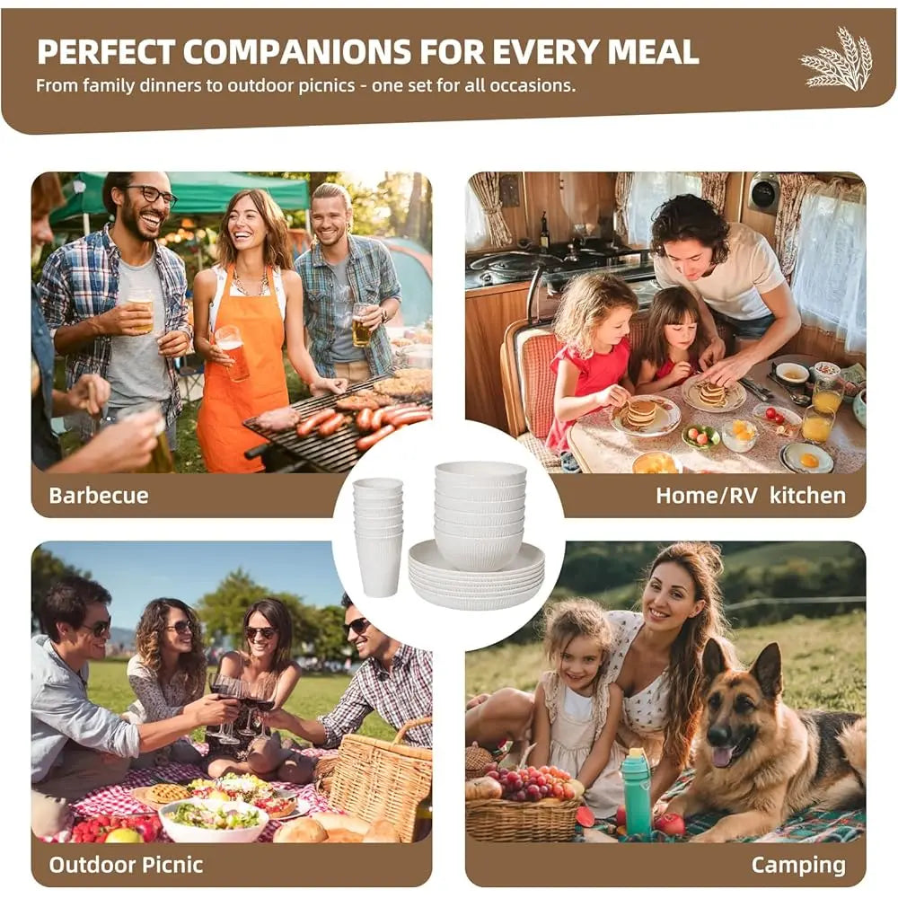 18 Pcs Wheat Straw Dinnerware Sets For 6 - Lightweight & Unbreakable Cups Plates And Bowls Sets Microwave Dinnerware Set For