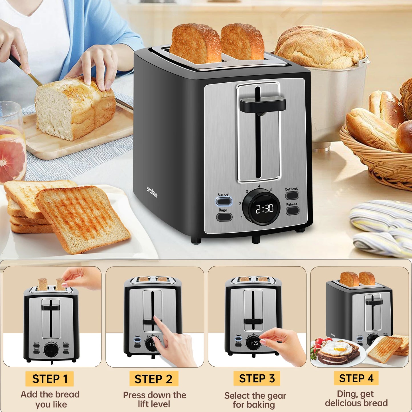 Toaster 2 Slice,LCD Display,7 Shade Settings,1.４'' Extra Wide Slots Toaster,4-in-1 Functions,Removable Crumb Tray, 900W