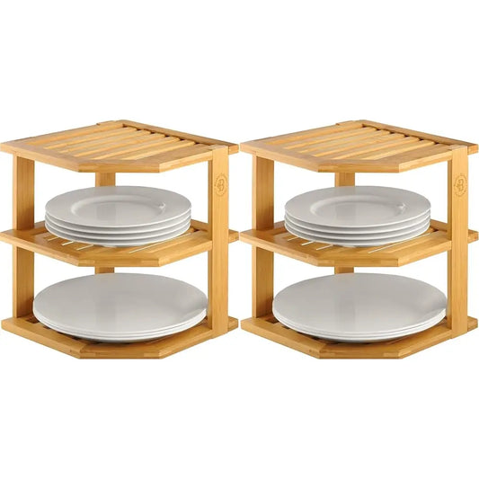Plate Organizer For Cabinet - 2 Pa Bamboo Corner Shelf For Kitchen Or Bathroom Storage, Space-Saving Ra For Dishes, Countertop,