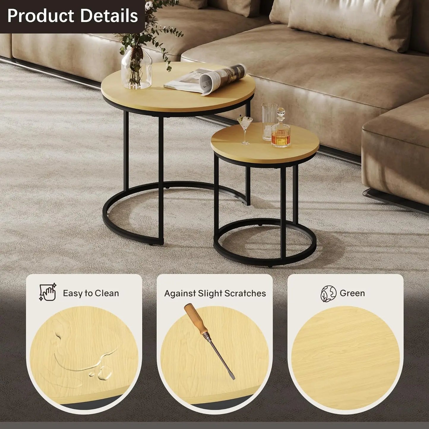Nesting Tables Set of 2, Round Coffee Table, Small Nesting Coffee Table with Adjustable Non-Slip Fee, Wood Grain Top Nesting Tab