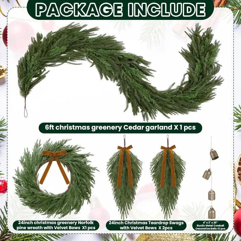 5 Pcs Christmas Greenery Decorations Set Include Artificial Cedar Garland Norfolk Pine Rustic Xmas Teardrop Swag Wreath M