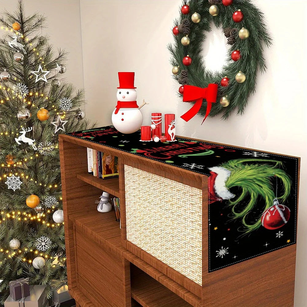 Christmas Table Runner with Grinch, Snowflake & Merry Christmas Pattern, Multiple Sizes, for Christmas Home Decoration and Gifts