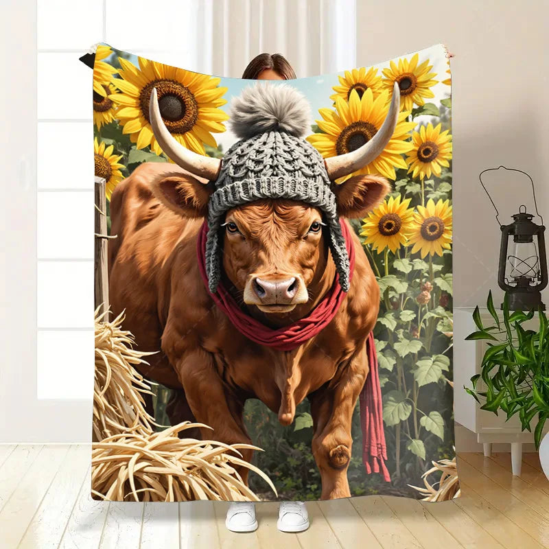 1pc Flannel Blanket Cozy Farmhouse Cow Blanket with Sunflowers and Scarf Design