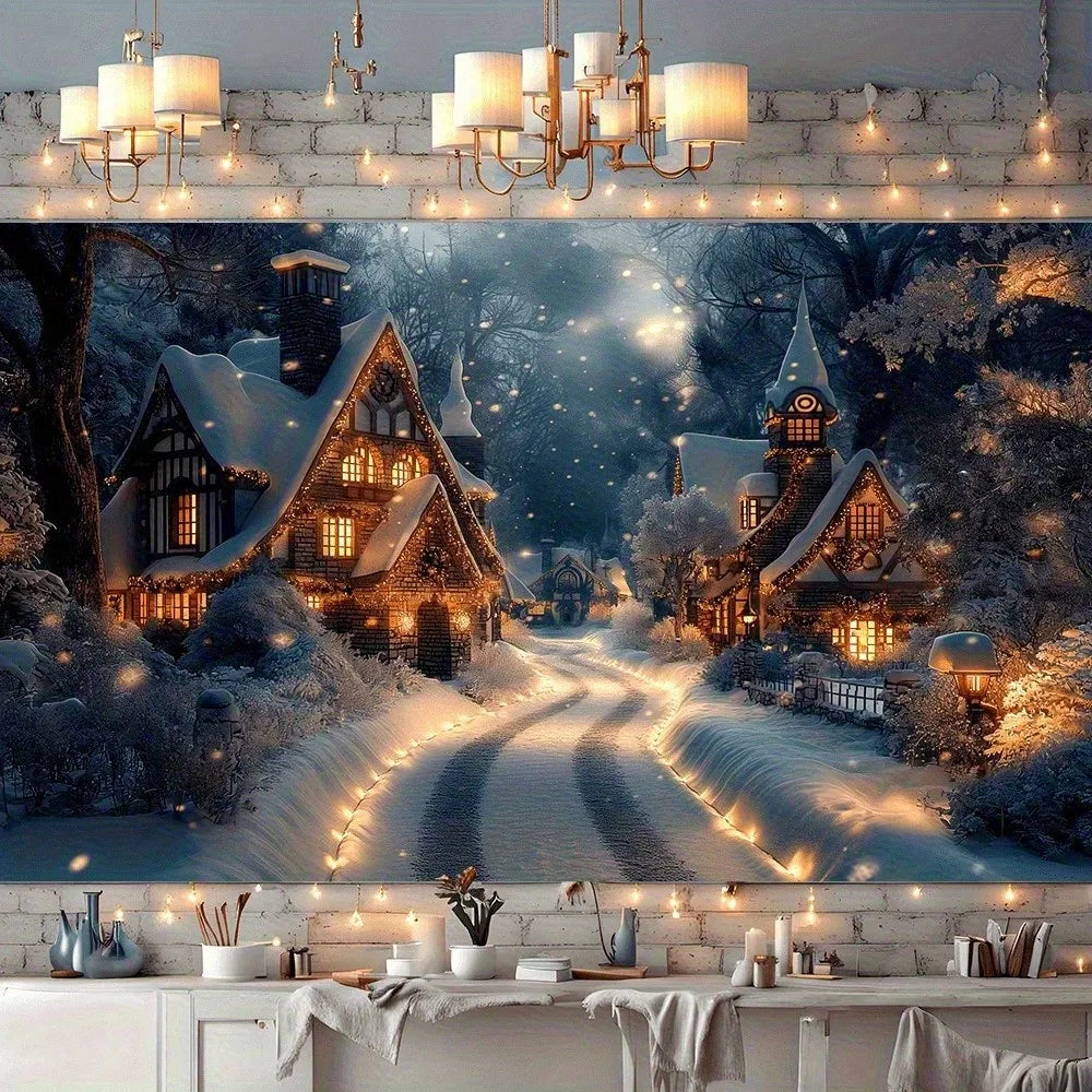 1pc Winter Village Tapestry Christmas Snow Night Wall Art Cozy Holiday Scenery Home Decor Back-to-school season Autumn gifts