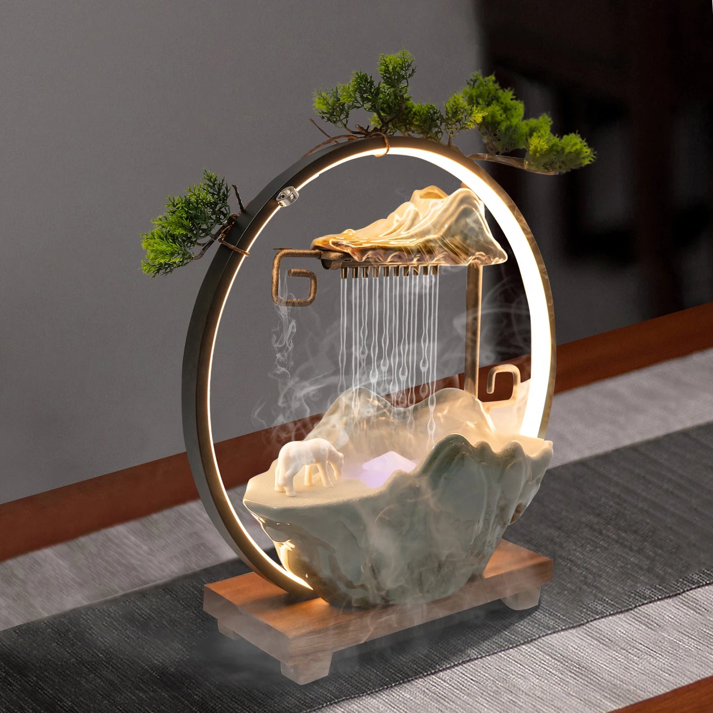 Multi-functional Tabletop Fountain with LED Light, Ceramic, Wooden Base, Pressure Relieving, Perfect for Meditation & Relaxation