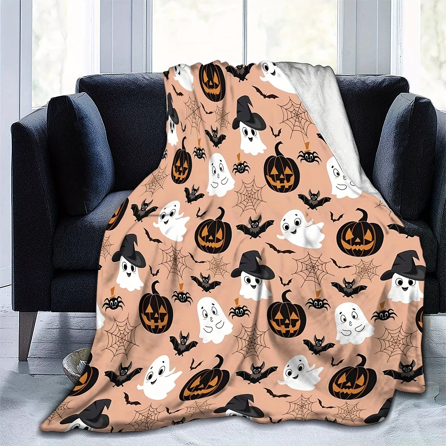 Haunted Halloween Fleece Throw Blanket: Spider Webs Witch's Hat Black Bats and Decorated Pumpkins Print on Soft Flannel Fleece