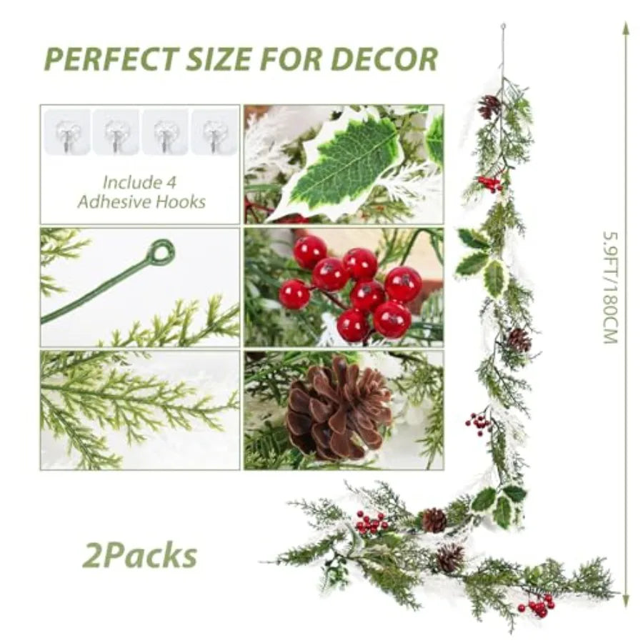 Artificial Christmas Garlands 2 PCS5.9FT Faux Hanging Winter Vines Red Berries Holly Leaves with Pine Cones Pine Needle Cedar G