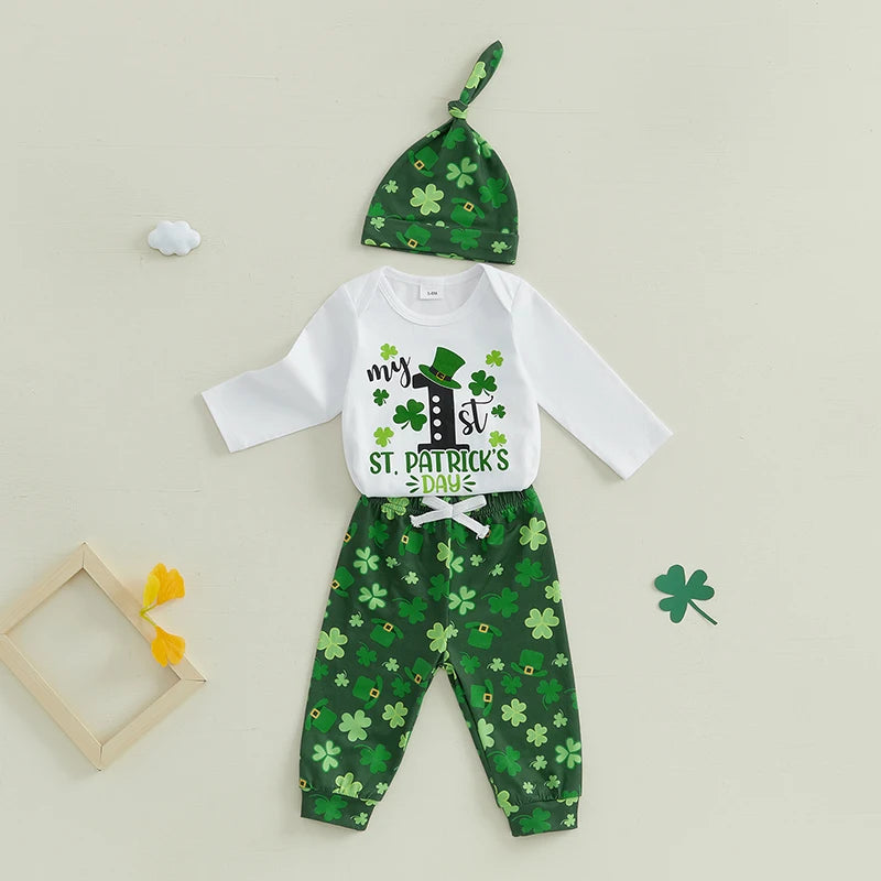 St Patrick s Day Baby Boys Shamrock Print Round Neck Long Sleeve Rompers Long Pants Hat 3Pcs Outfit Set in Ireland Theme