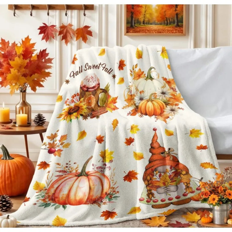 Fall Pumpkin and Gnome Throw Blanket, Fall Maple Leaf Blanket, Fall Themed Thanksgiving Farmhouse Home Decor Gift