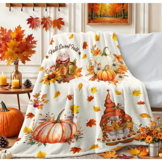Fall Pumpkin and Gnome Throw Blanket, Fall Maple Leaf Blanket, Fall Themed Thanksgiving Farmhouse Home Decor Gift
