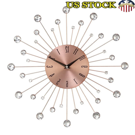 15 Inch Copper Metal Wall Clock with Crystal Accents Silent Mechanism Durable Iron Sunburst Design Gift Home Decor Indoor Use