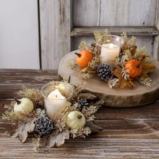 Fall Candle Ring 9.8Inch Maple Leaves Harvest Day Wreath Ring Holder Small Wreath Pillar Candle Holder Farmhouse Wreath Festival