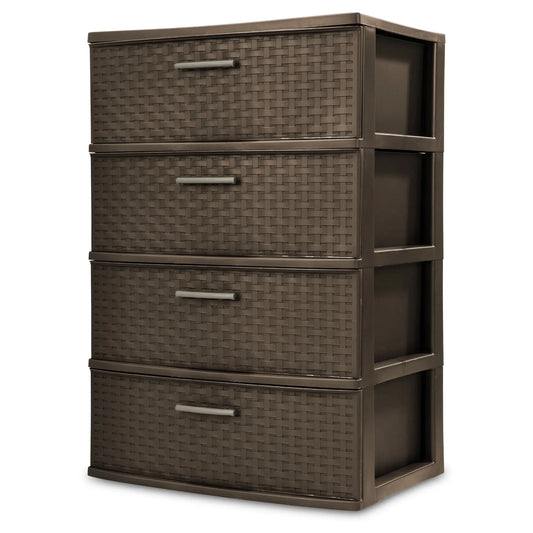 4-Drawer Wide Weave Tower, Brown Plastic Storage Organizer with Pull Handles, For Bedroom, Closet, Office, Home Décor
