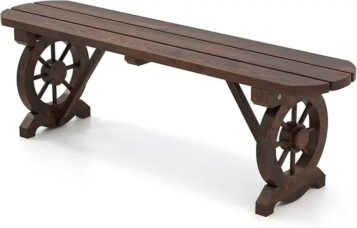 2-Person Wooden Outdoor Bench with Wagon Wheel Legs, Slatted Seat, Rustic Country Design, 710 Lbs Weight Capacity, Patio Bench