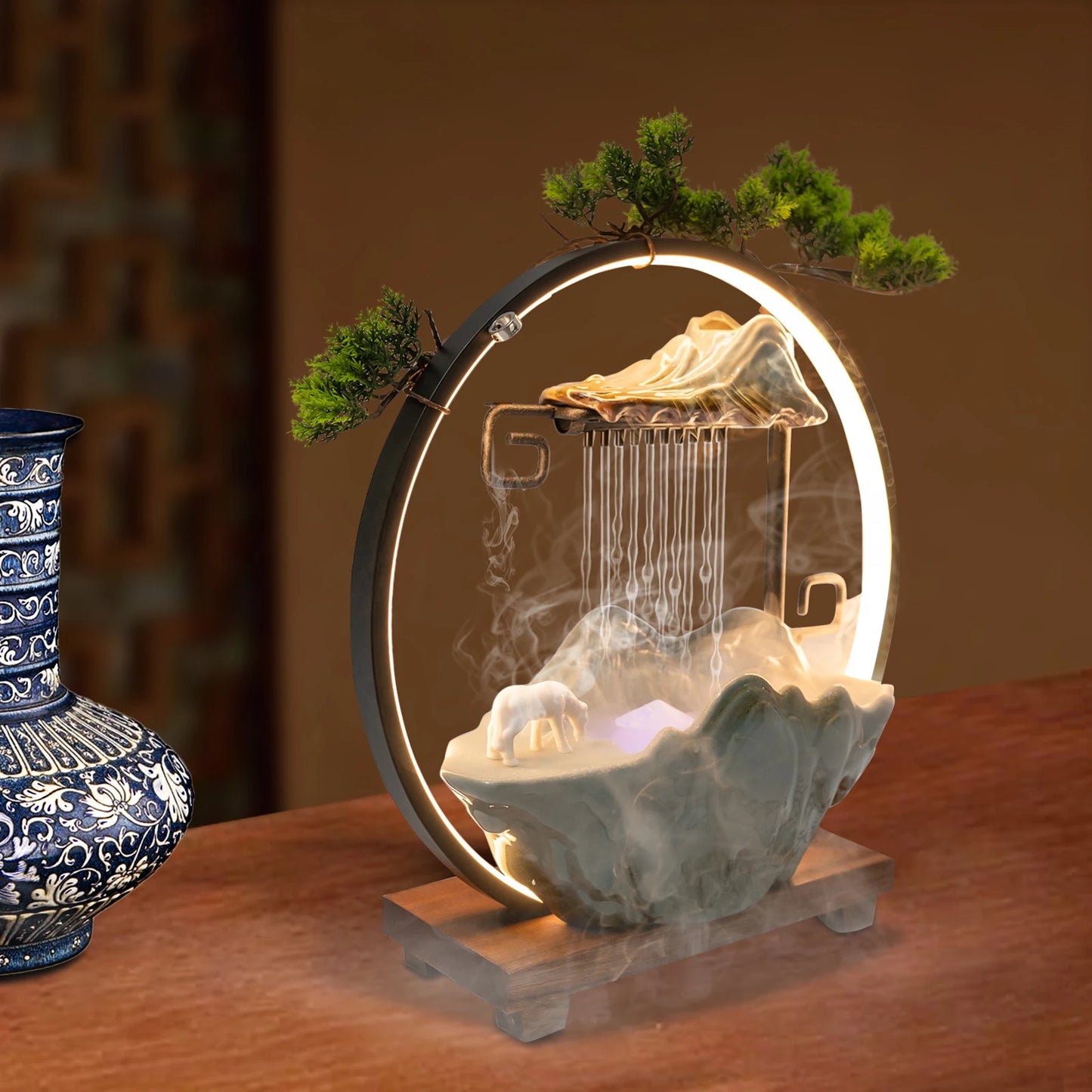 Multi-functional Tabletop Fountain with LED Light, Ceramic, Wooden Base, Pressure Relieving, Perfect for Meditation & Relaxation