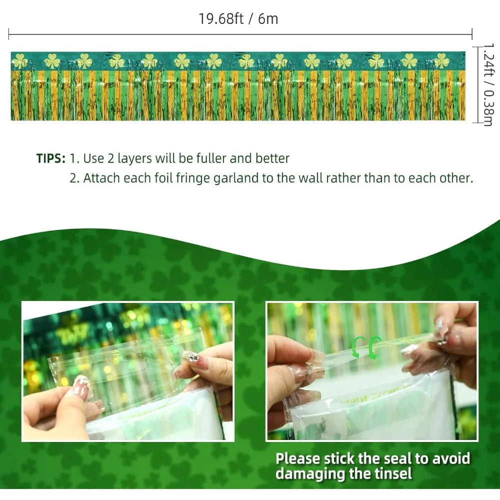 Mega-L St Patricks Day Decorations 4 Pack 78Ft Foil Fringe Garland Tinsel Banner, Green Gold Shamrock Pattern Metallic Hanging B