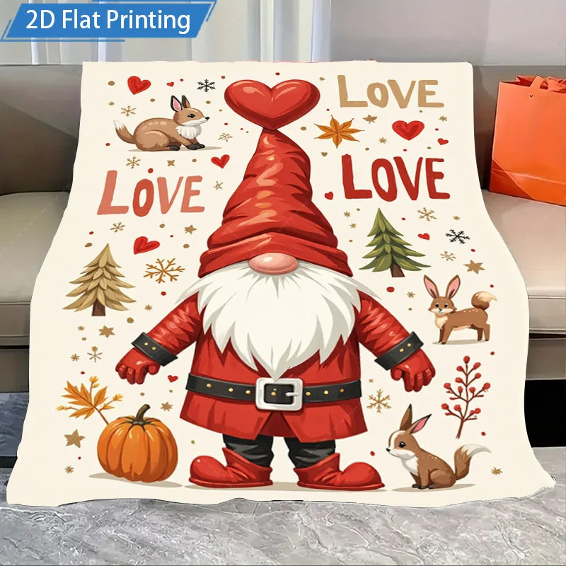 1pc Flannel Blanket Christmas Gnome Love Print Blanket Cozy Holiday Decor for Home and Bedding