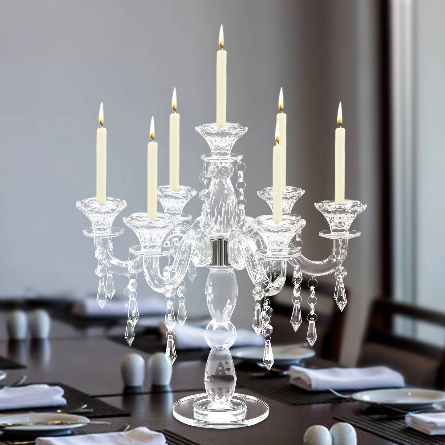 7-Arm Elegant Crystal Candelabra – Sturdy Candle Holder with Stable Base, Ideal for Weddings, Dinners & Home Decor