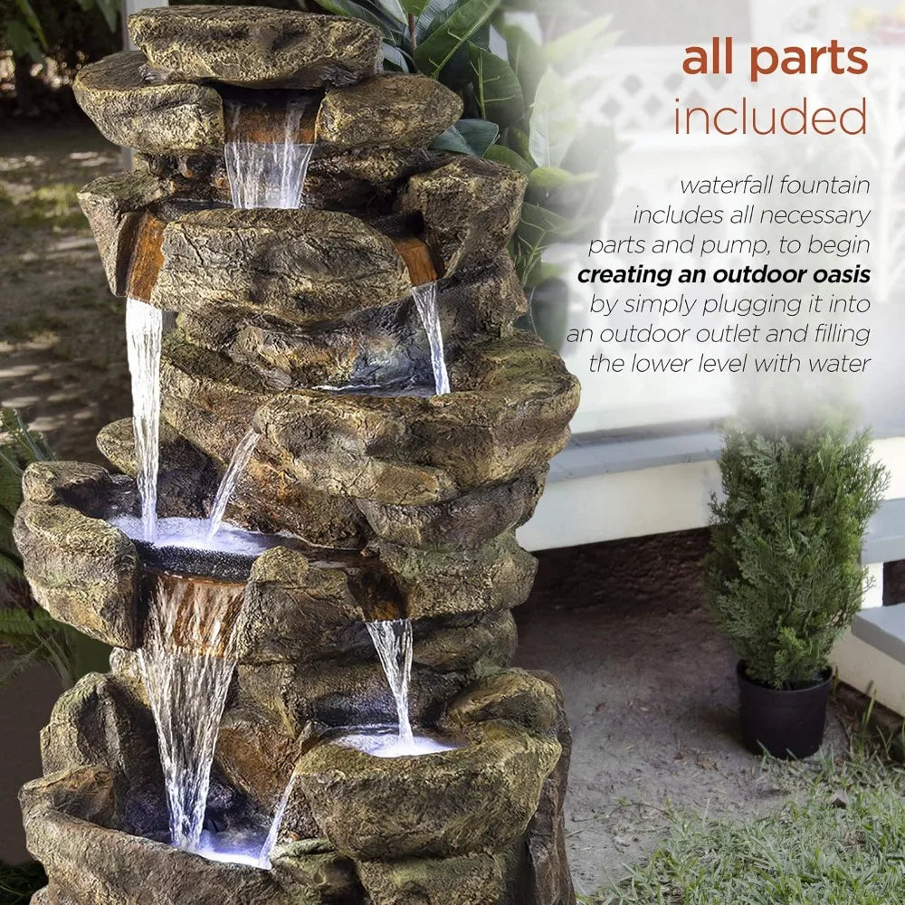 51 inch outdoor 6-story fountain with LED lights and natural stone appearance, suitable for gardens, rock waterfall fountains