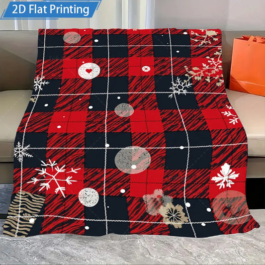 1pc Flannel Blanket Christmas Plaid Fleece Blanket with Snowflakes and Hearts - Cozy Holiday Decor