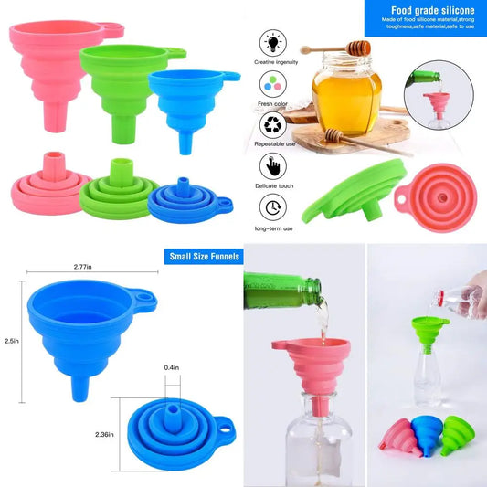 kitchen silicone collapsible funnel set of 3,small and large,flexible-foldable-cooking-food-grade funnels for filling small or m