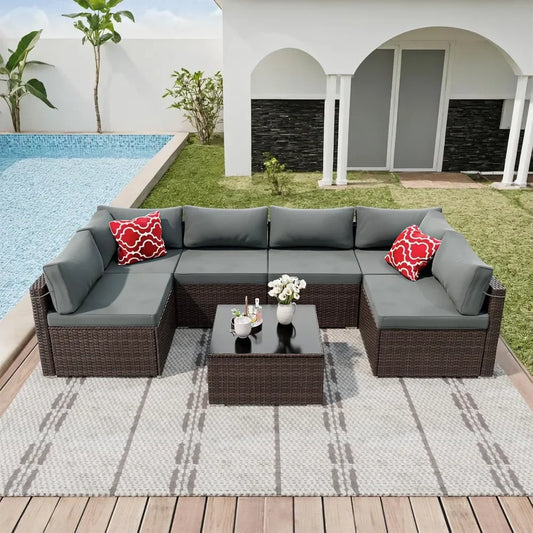 7 Pieces Patio Furniture Sets, Outdoor All-Weather Sectional Patio Sofa Set PE Rattan Manual Weaving Wicker Patio Conversation